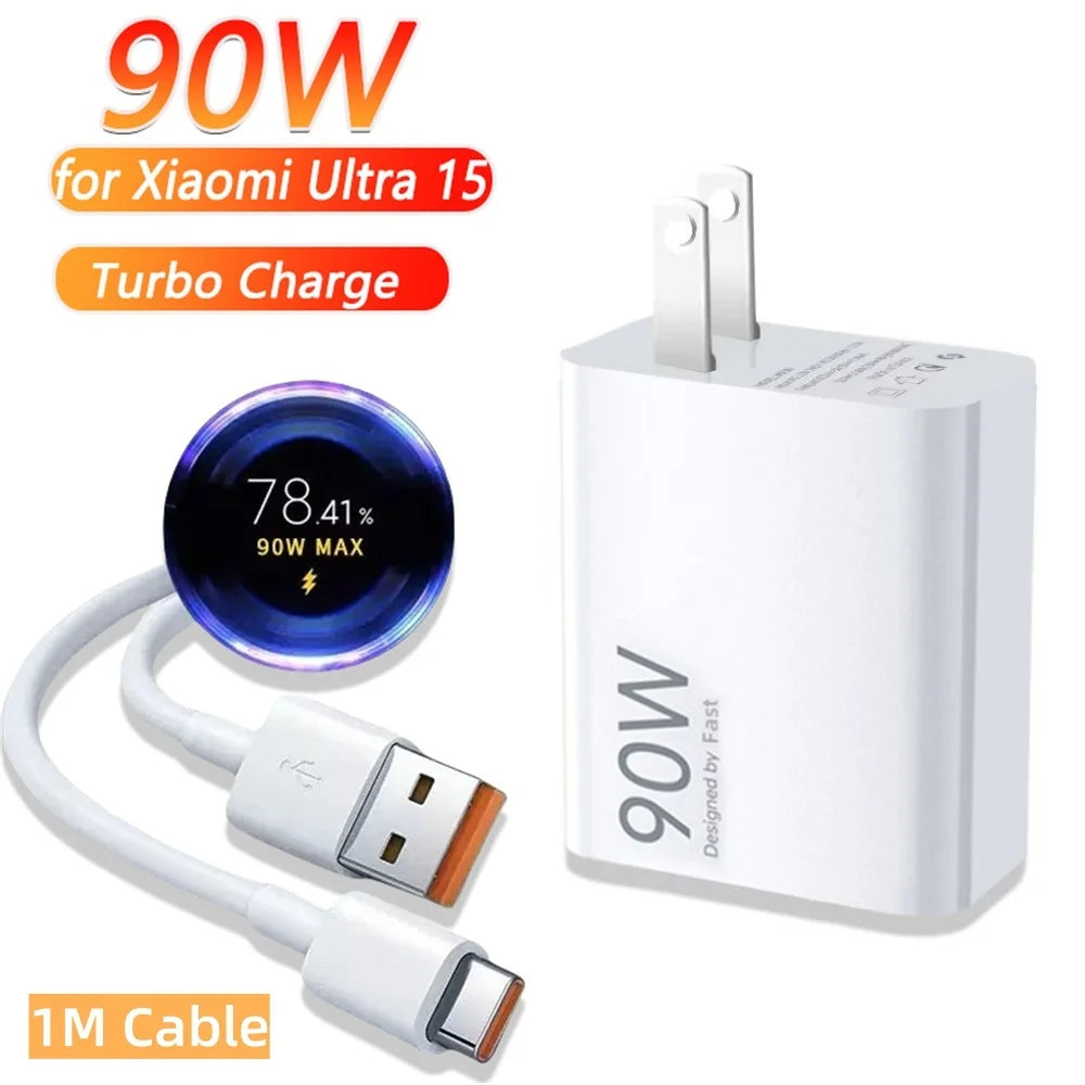 90W Turbo Fast USB Charger Adapter with 6A Type-C Cable for Xiaomi 15 14 13 12 11 10 Ultra, Redmi Note 12T 13 Pro