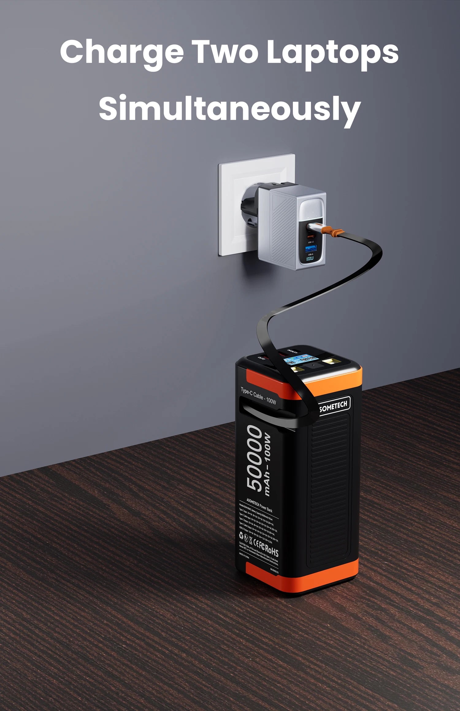 High-Capacity 50000mAh Power Bank – 100W PD PPS Fast Charging with Type-C Built-in Cable for Phones & Laptops