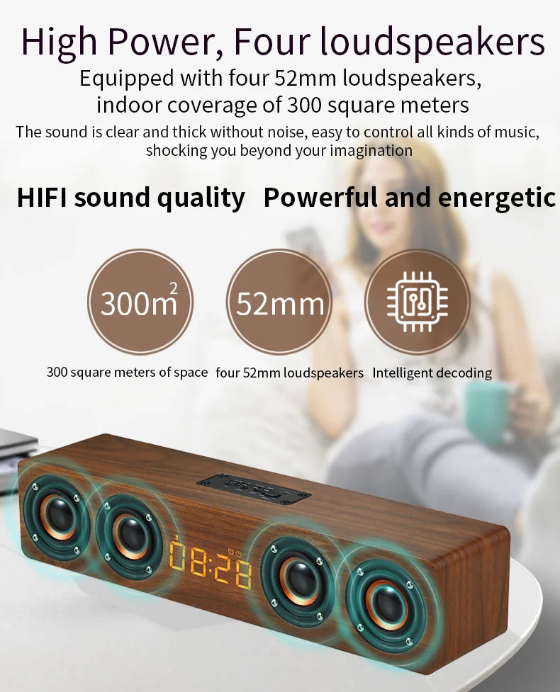 Wireless Bluetooth 5.0 Speaker – Wooden Sound System with Alarm Clock Display, AUX, TF/FM Radio & Subwoofer for Computers