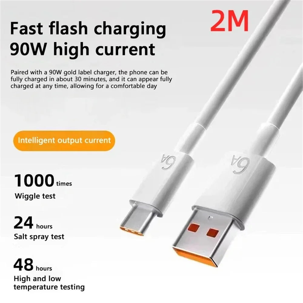 90W Turbo Fast USB Charger Adapter with 6A Type-C Cable for Xiaomi 15 14 13 12 11 10 Ultra, Redmi Note 12T 13 Pro