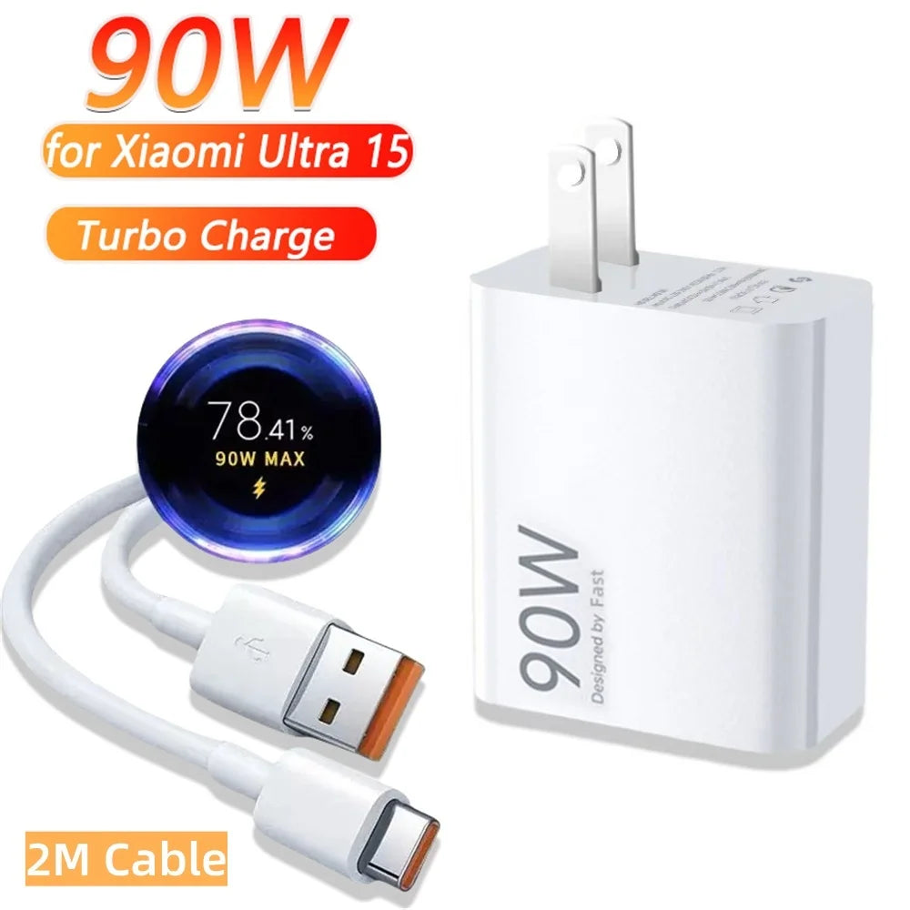 90W Turbo Fast USB Charger Adapter with 6A Type-C Cable for Xiaomi 15 14 13 12 11 10 Ultra, Redmi Note 12T 13 Pro