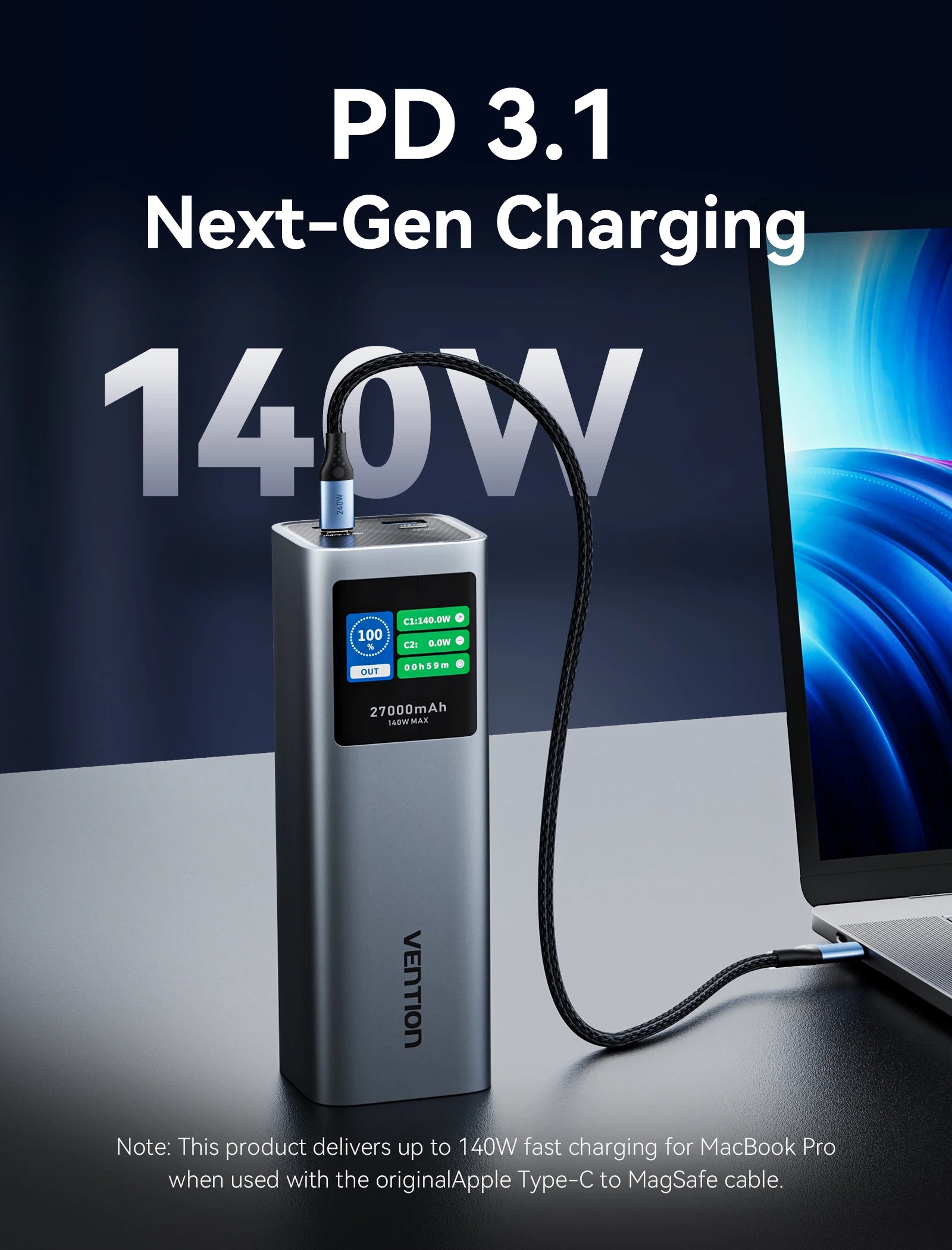 Vention 140W 27000mAh Power Bank – Portable PD External Battery for MacBook, iPad, iPhone, Laptop, Xiaomi