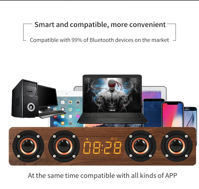 Wireless Bluetooth 5.0 Speaker – Wooden Sound System with Alarm Clock Display, AUX, TF/FM Radio & Subwoofer for Computers