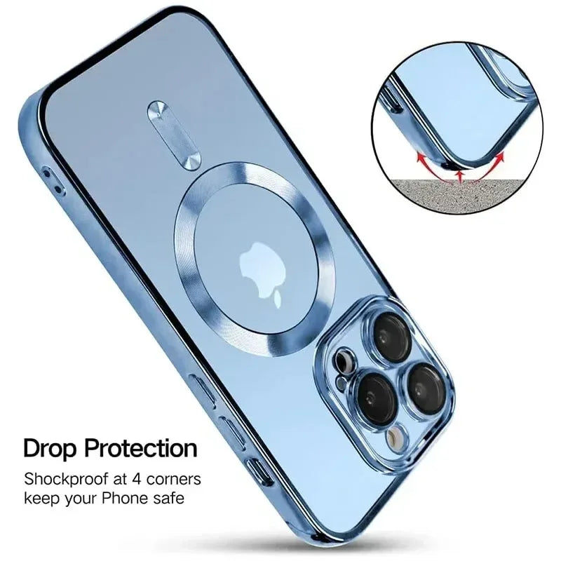 Plated MagSafe Magnetic Case for iPhone 12–17 Pro Max, Plus & Air, Wireless Charging Cover with Camera Lens Protector