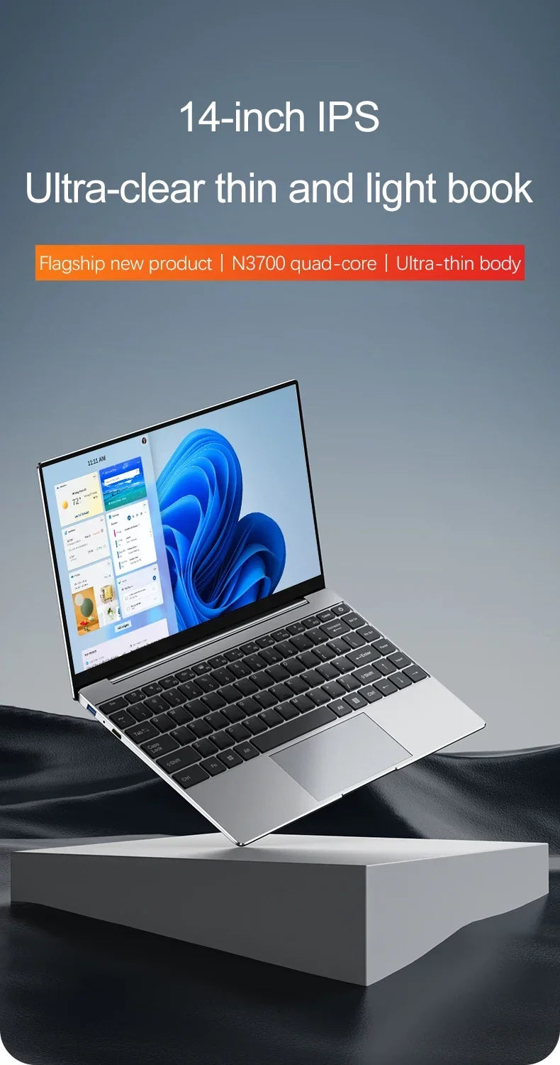 14.1" Ultra Slim Laptop 16GB RAM 2TB SSD Intel N3700 Notebook Gamer Windows 11 1920*1080 Display Office Study Computer PC