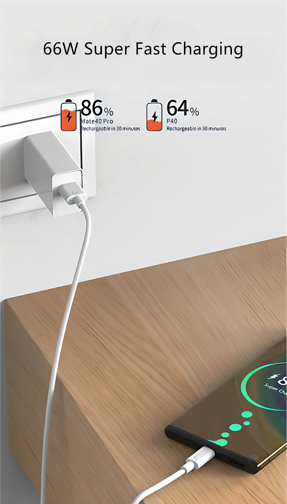 66W USB Fast Charger Quick Charge 3.0 EU Plug Adapter with 6A Type-C Cable for Huawei Mate 50 60, Nova 10, Honor 100, Magic 5