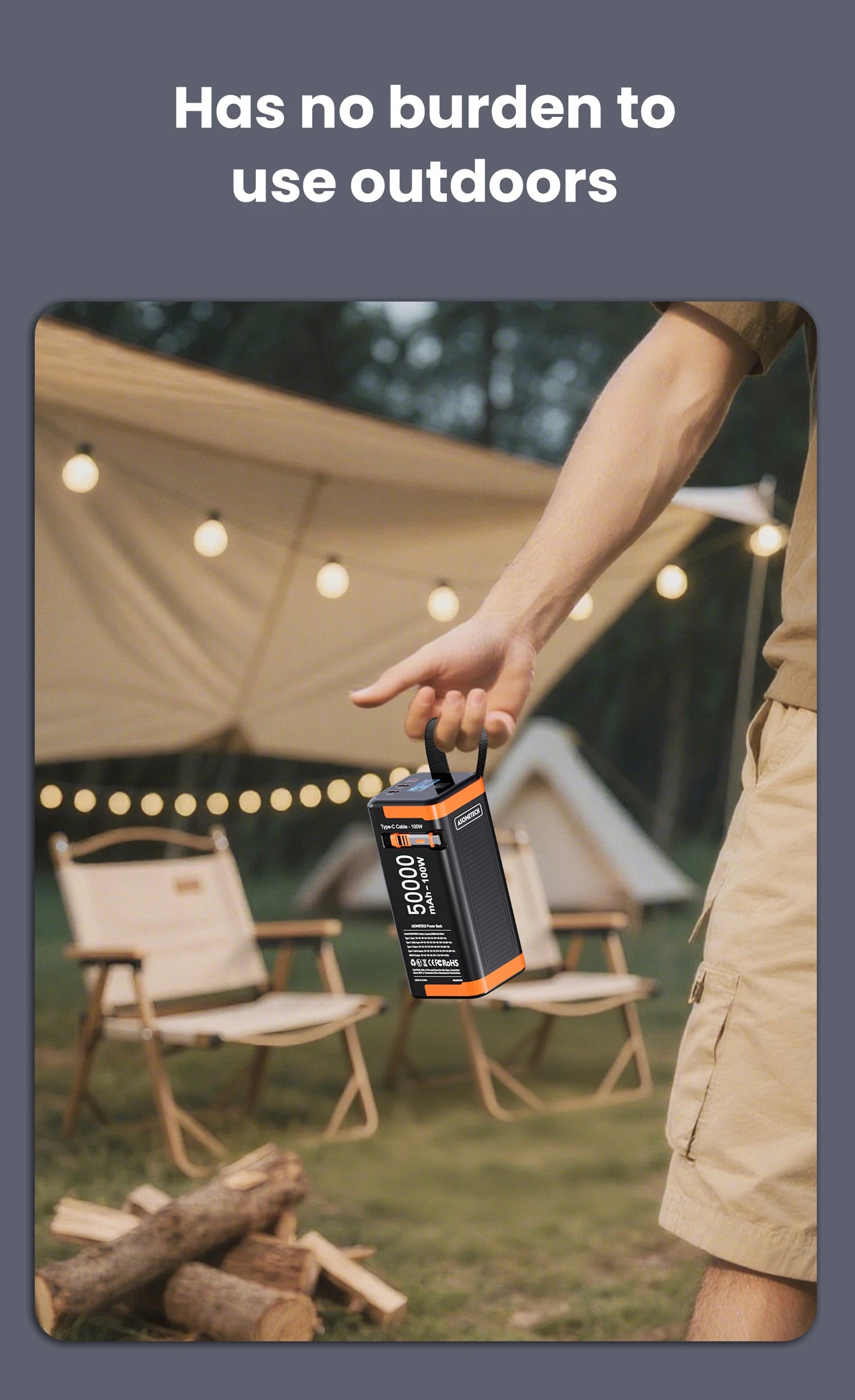 High-Capacity 50000mAh Power Bank – 100W PD PPS Fast Charging with Type-C Built-in Cable for Phones & Laptops