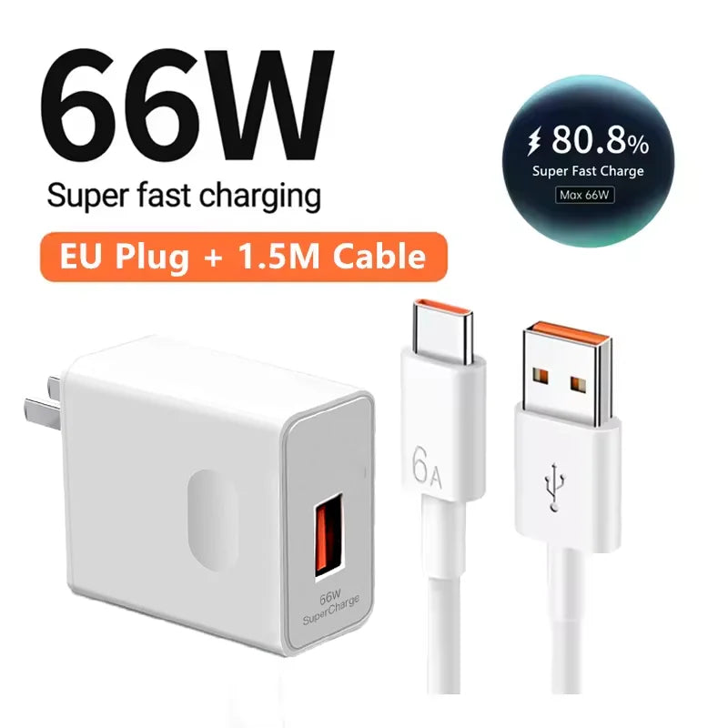66W USB Fast Charger Quick Charge 3.0 EU Plug Adapter with 6A Type-C Cable for Huawei Mate 50 60, Nova 10, Honor 100, Magic 5