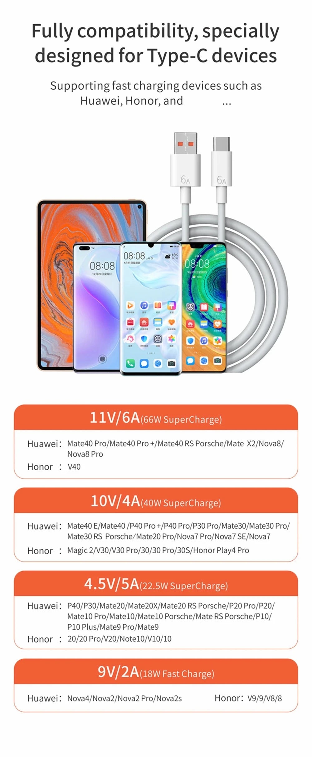 66W USB Fast Charger Quick Charge 3.0 EU Plug Adapter with 6A Type-C Cable for Huawei Mate 50 60, Nova 10, Honor 100, Magic 5
