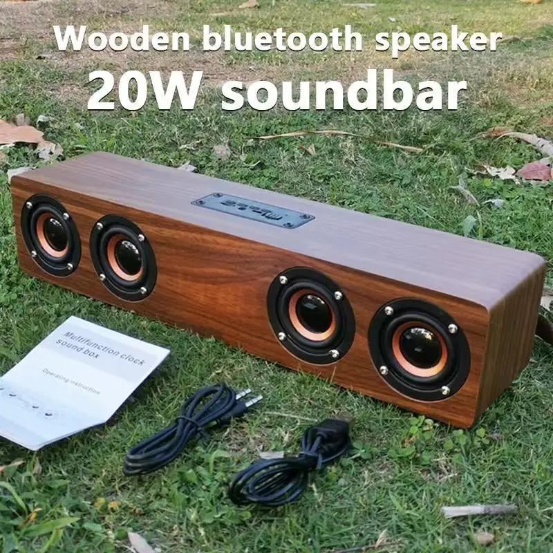 Wireless Bluetooth 5.0 Speaker – Wooden Sound System with Alarm Clock Display, AUX, TF/FM Radio & Subwoofer for Computers