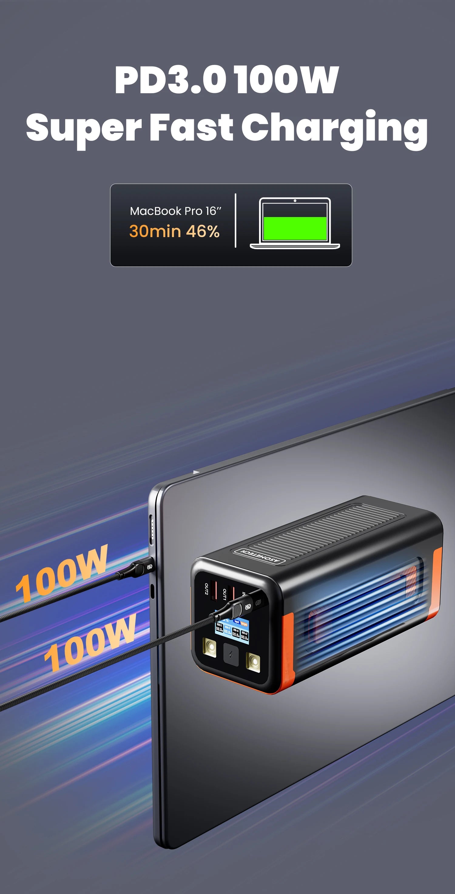 High-Capacity 50000mAh Power Bank – 100W PD PPS Fast Charging with Type-C Built-in Cable for Phones & Laptops