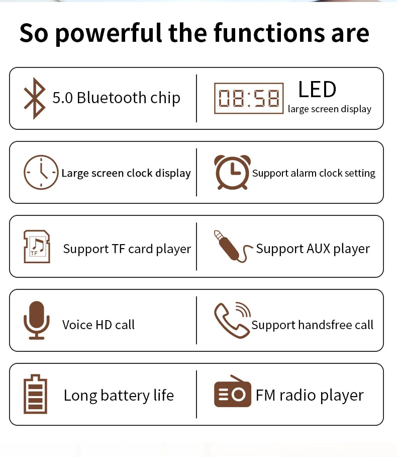 Wireless Bluetooth 5.0 Speaker – Wooden Sound System with Alarm Clock Display, AUX, TF/FM Radio & Subwoofer for Computers