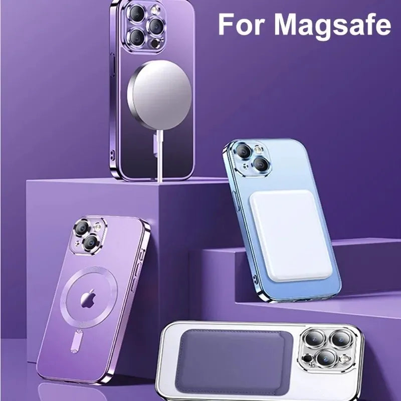 Plated MagSafe Magnetic Case for iPhone 12–17 Pro Max, Plus & Air, Wireless Charging Cover with Camera Lens Protector