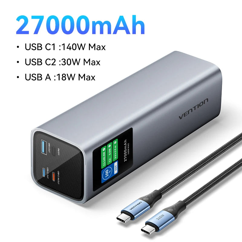 Vention 140W 27000mAh Power Bank – Portable PD External Battery for MacBook, iPad, iPhone, Laptop, Xiaomi
