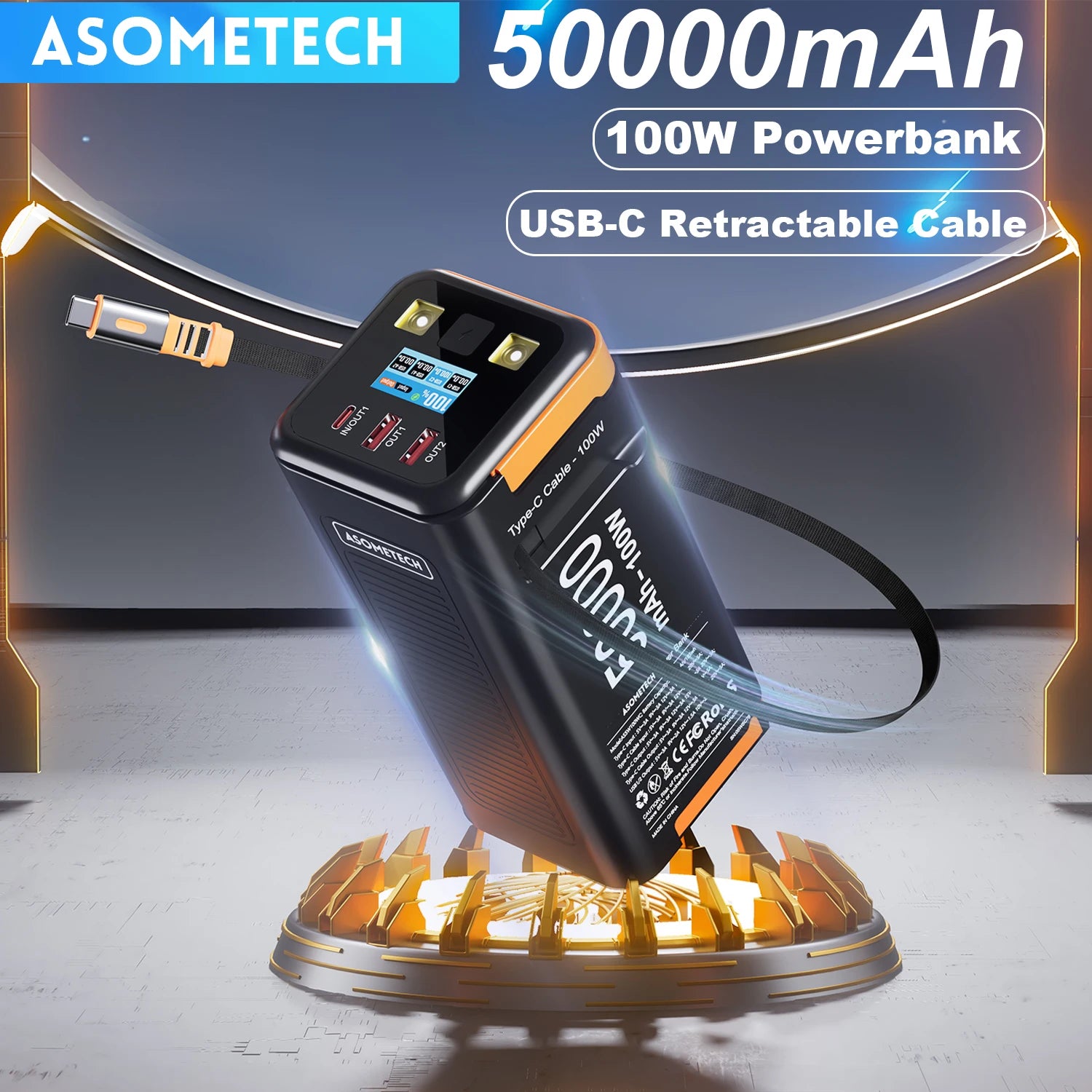 High-Capacity 50000mAh Power Bank – 100W PD PPS Fast Charging with Type-C Built-in Cable for Phones & Laptops