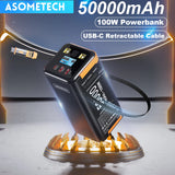 High-Capacity 50000mAh Power Bank – 100W PD PPS Fast Charging with Type-C Built-in Cable for Phones & Laptops