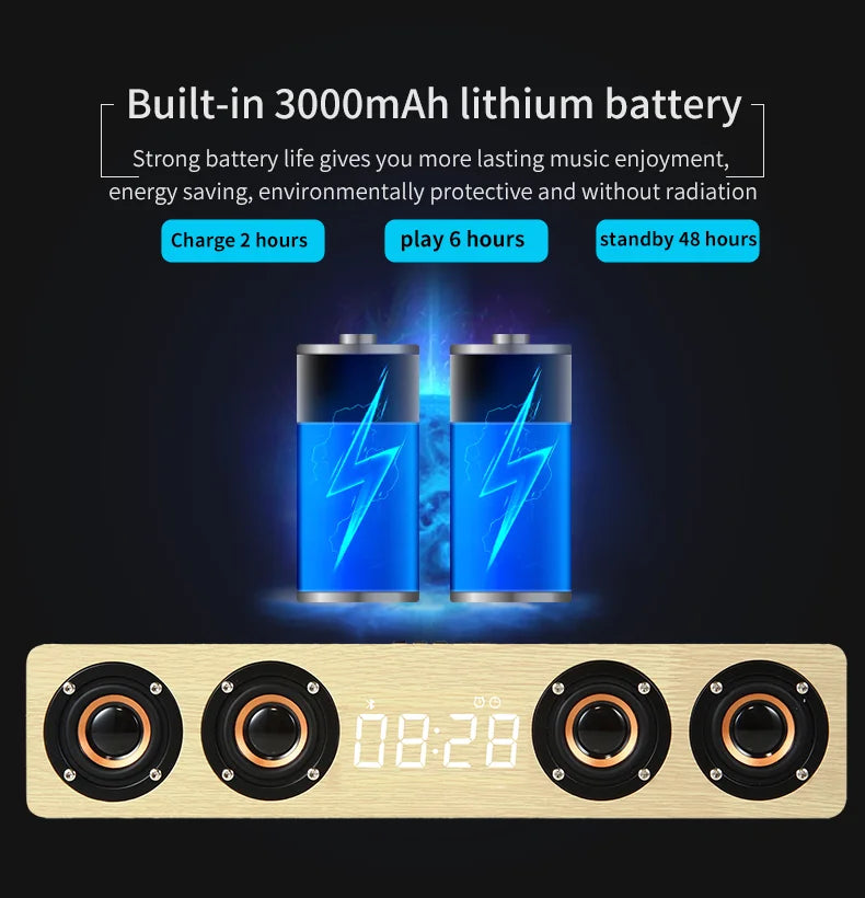 Wireless Bluetooth 5.0 Speaker – Wooden Sound System with Alarm Clock Display, AUX, TF/FM Radio & Subwoofer for Computers