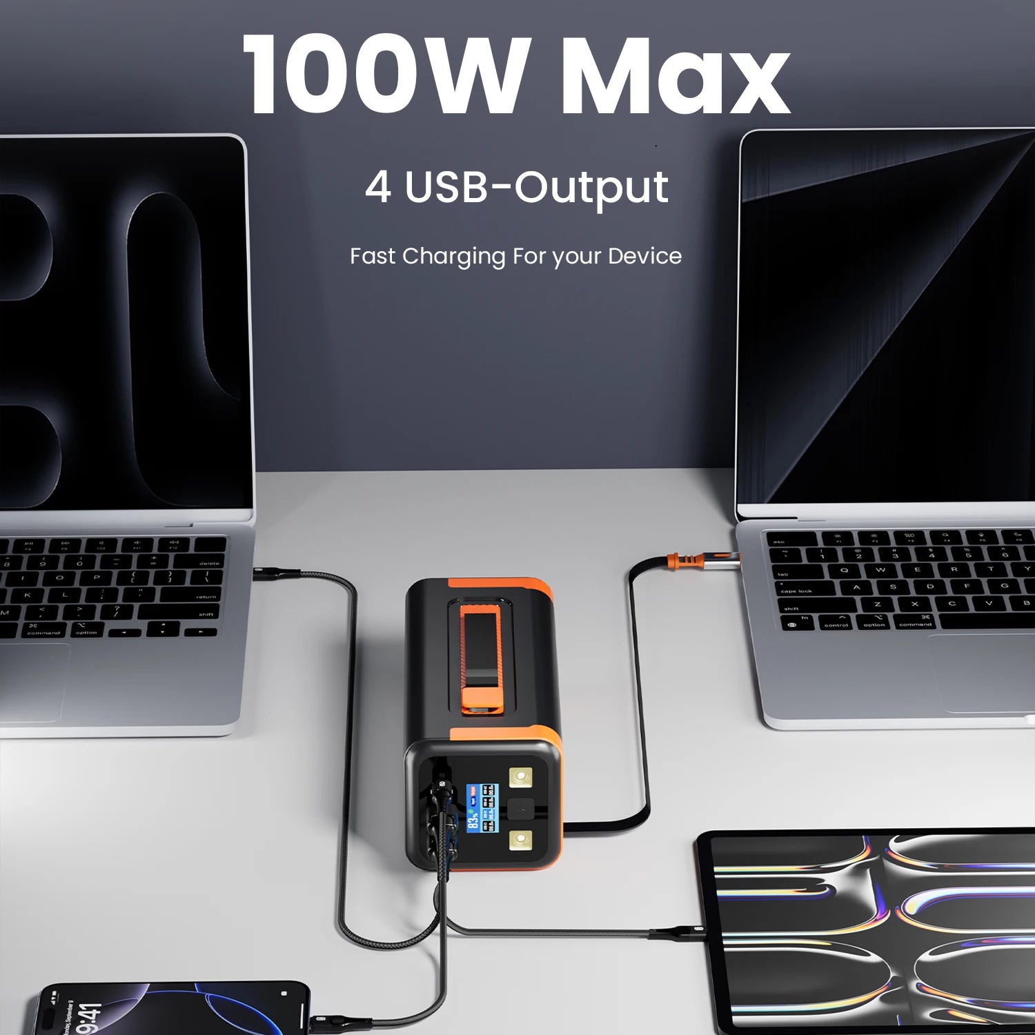 High-Capacity 50000mAh Power Bank – 100W PD PPS Fast Charging with Type-C Built-in Cable for Phones & Laptops