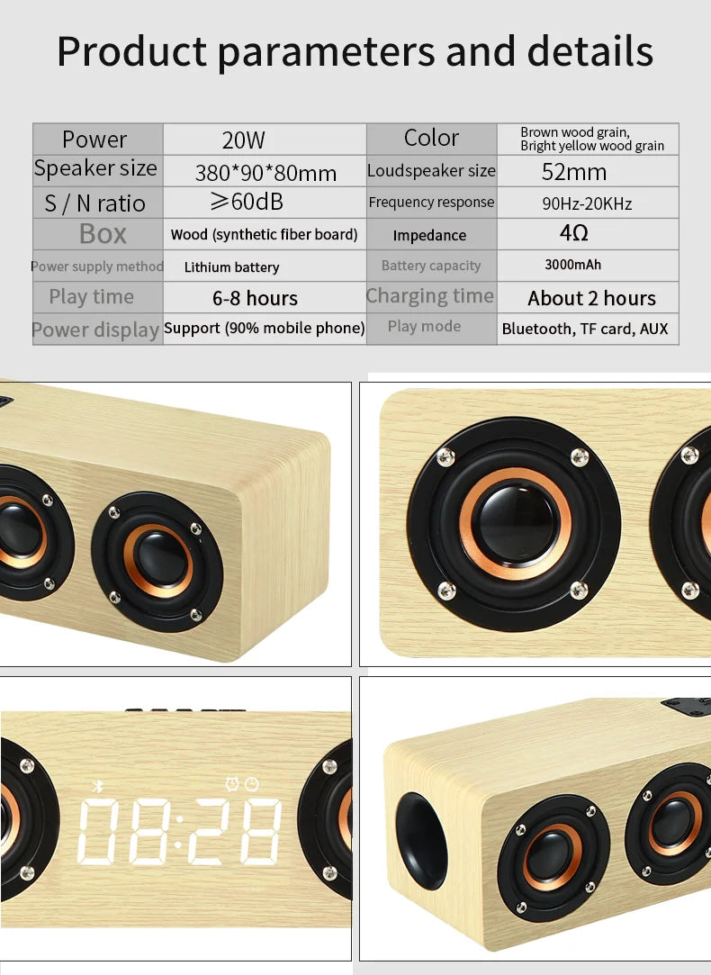 Wireless Bluetooth 5.0 Speaker – Wooden Sound System with Alarm Clock Display, AUX, TF/FM Radio & Subwoofer for Computers