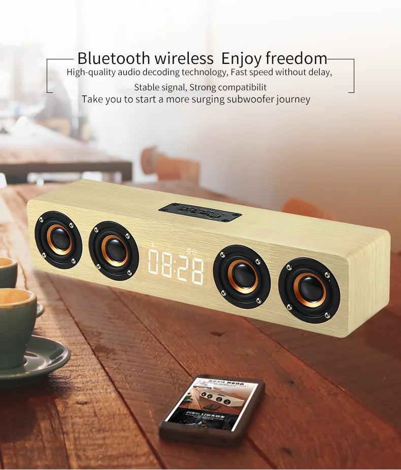 Wireless Bluetooth 5.0 Speaker – Wooden Sound System with Alarm Clock Display, AUX, TF/FM Radio & Subwoofer for Computers