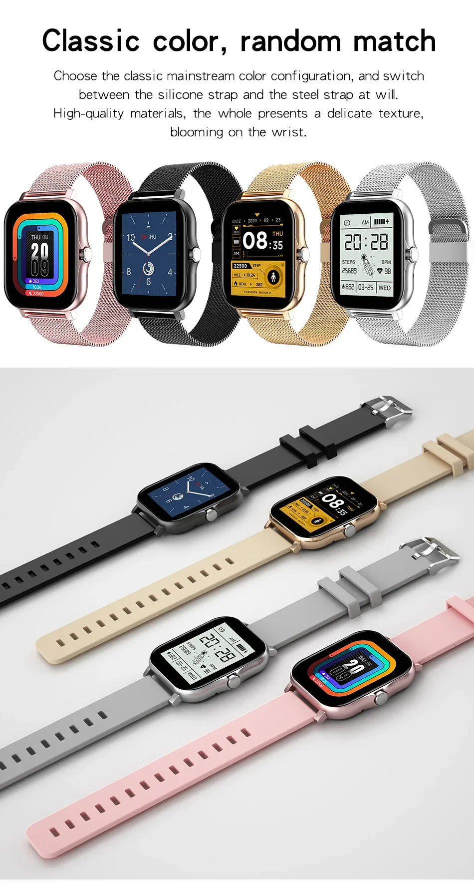 1.44" Smart Watch for Android – Full Touch Color Screen, Bluetooth Call, Magnetic Charging