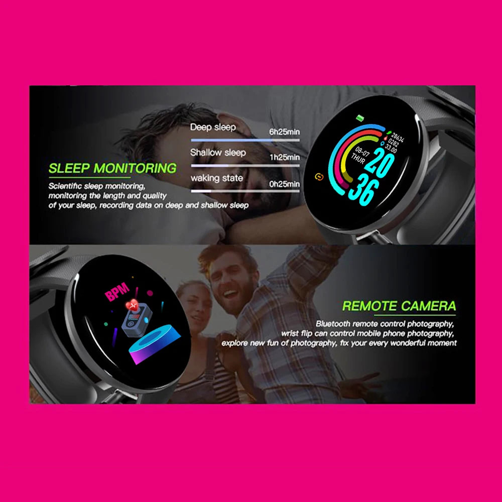 D18 Smart Watch for Men & Women – Waterproof Fitness Tracker with Blood Pressure & Heart Rate Monitor for Android & iOS