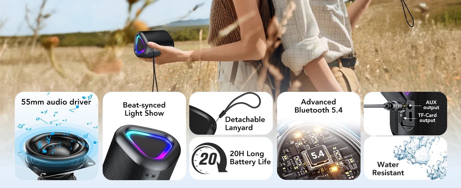 2025 Portable Bluetooth Speaker – Wireless Speaker with LED Light, Bluetooth 5.4, 24H Playtime, Enhanced Bass & IPX7 Waterproof