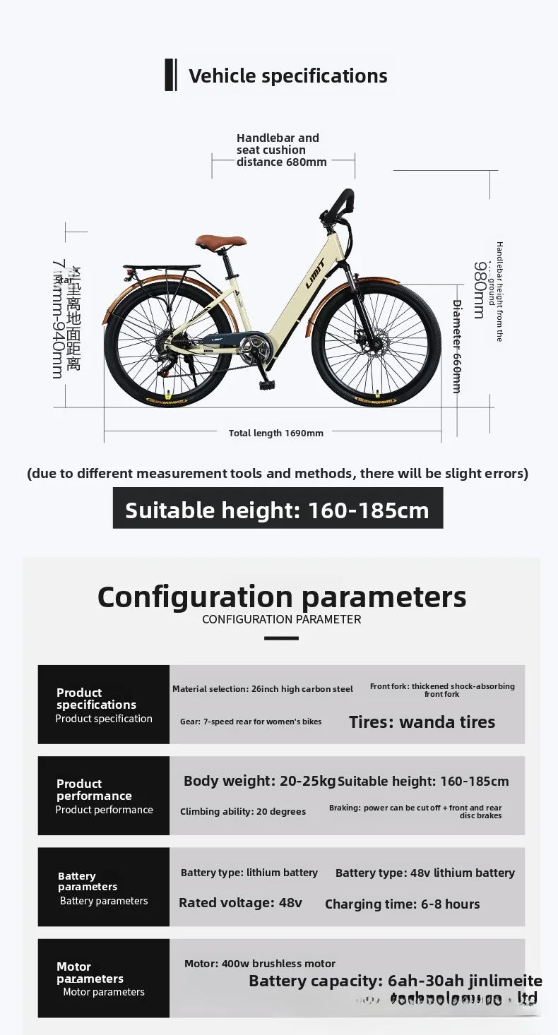 New fashionable E-bike, 26-inch urban commuter electric bicycle for adults, 400W brushless motor, 48V20AH battery electric moped