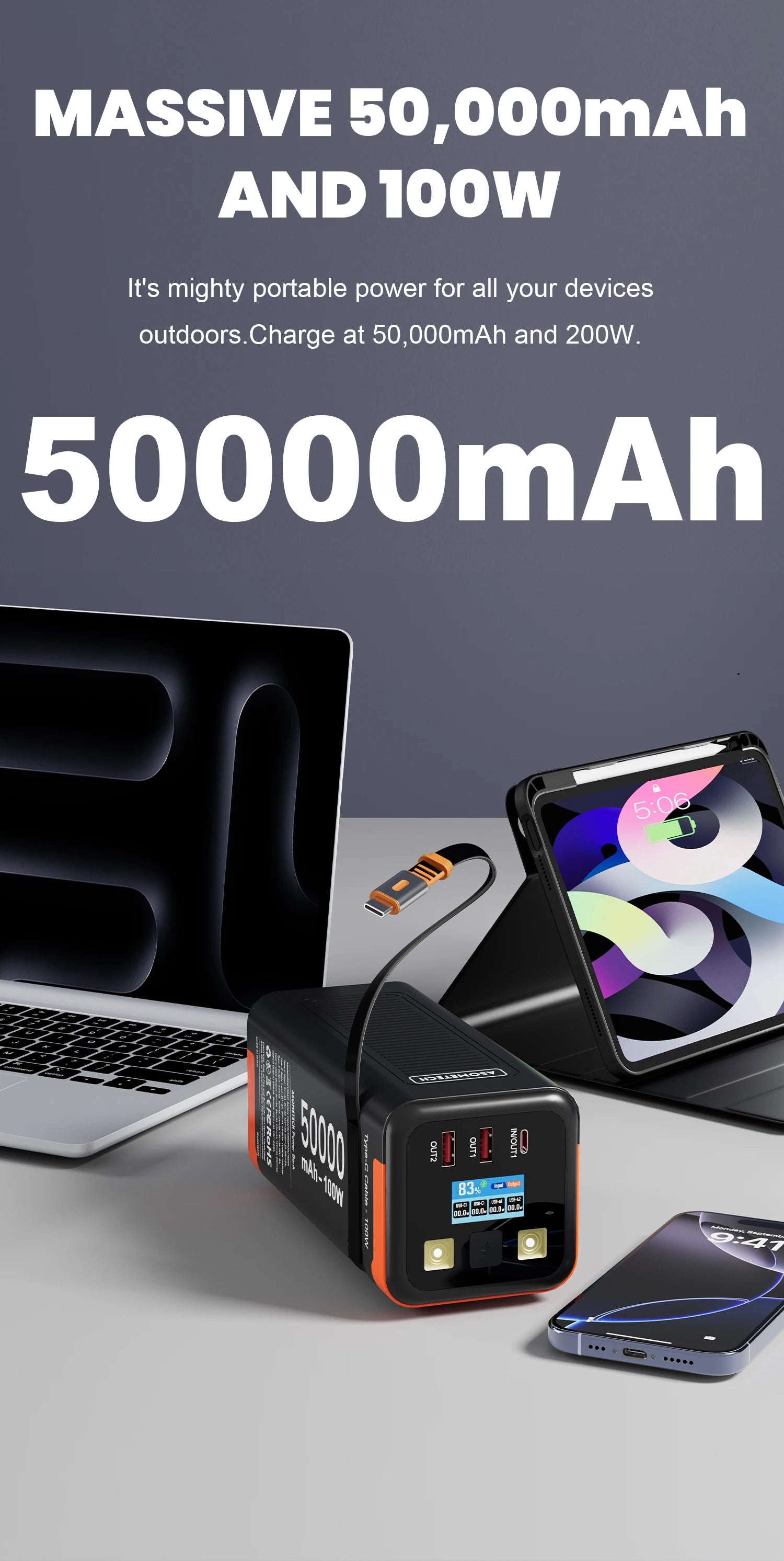 High-Capacity 50000mAh Power Bank – 100W PD PPS Fast Charging with Type-C Built-in Cable for Phones & Laptops