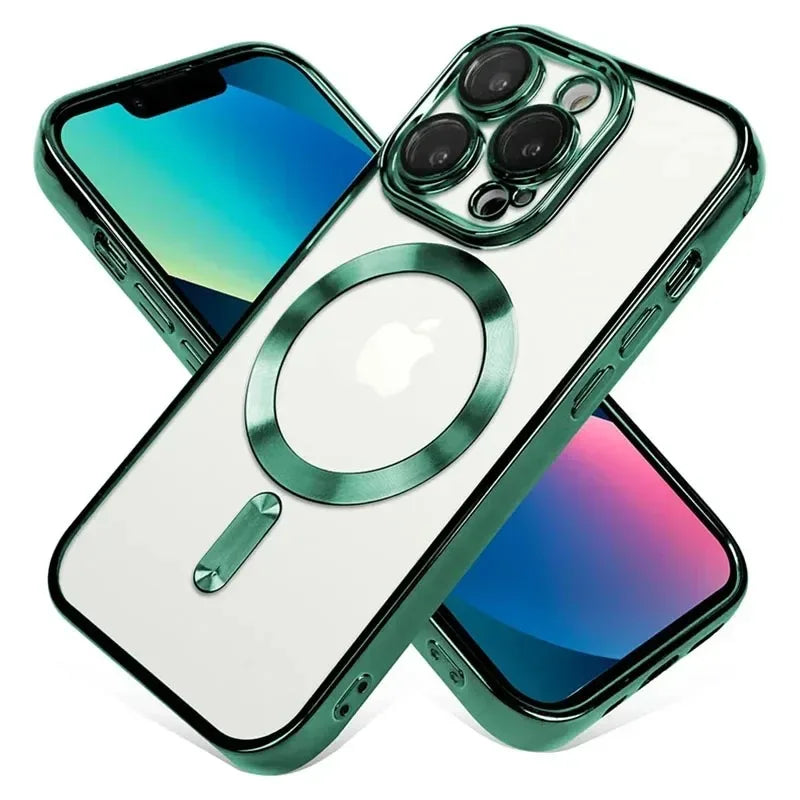 Plated MagSafe Magnetic Case for iPhone 12–17 Pro Max, Plus & Air, Wireless Charging Cover with Camera Lens Protector