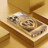 Sparkling Heart Letter M Metallic Glass Phone Case for iPhone 17, 16, 15, 14, 13, 12, 11 Pro Max, Plus, 17 Air, 16E Cover