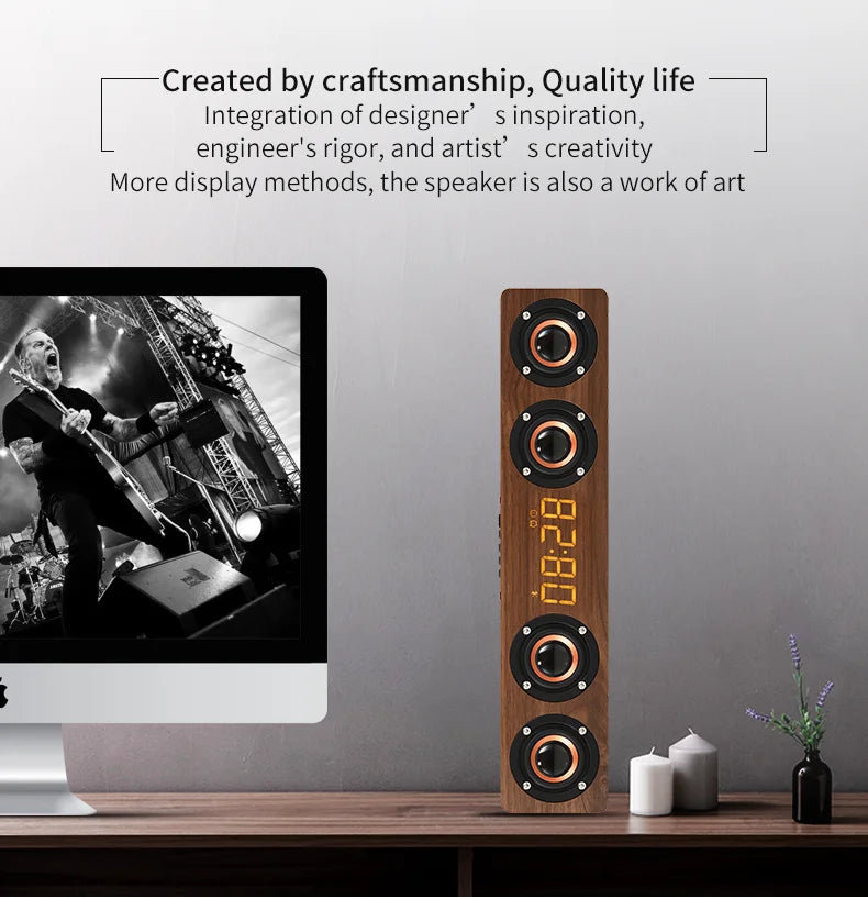 Wireless Bluetooth 5.0 Speaker – Wooden Sound System with Alarm Clock Display, AUX, TF/FM Radio & Subwoofer for Computers