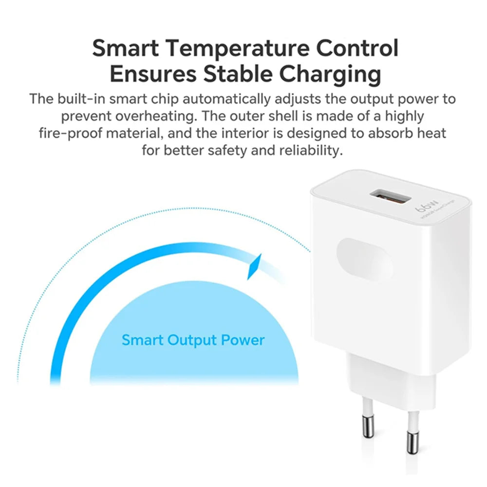 66W USB Fast Charger Quick Charge 3.0 EU Plug Adapter with 6A Type-C Cable for Huawei Mate 50 60, Nova 10, Honor 100, Magic 5