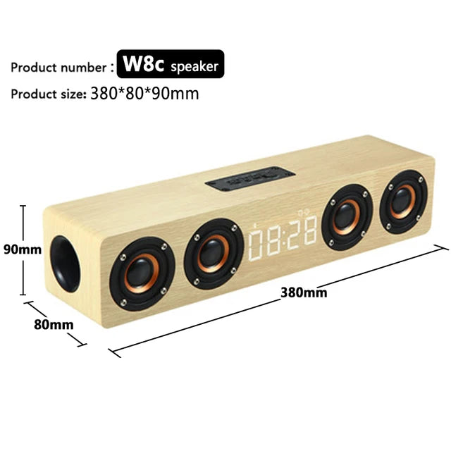 Wireless Bluetooth 5.0 Speaker – Wooden Sound System with Alarm Clock Display, AUX, TF/FM Radio & Subwoofer for Computers