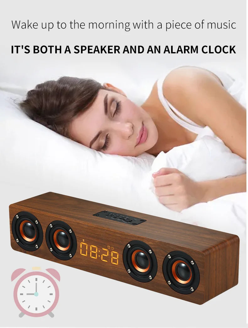 Wireless Bluetooth 5.0 Speaker – Wooden Sound System with Alarm Clock Display, AUX, TF/FM Radio & Subwoofer for Computers