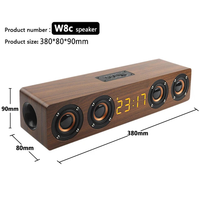 Wireless Bluetooth 5.0 Speaker – Wooden Sound System with Alarm Clock Display, AUX, TF/FM Radio & Subwoofer for Computers