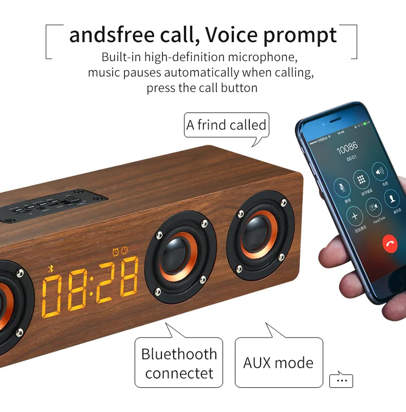 Wireless Bluetooth 5.0 Speaker – Wooden Sound System with Alarm Clock Display, AUX, TF/FM Radio & Subwoofer for Computers