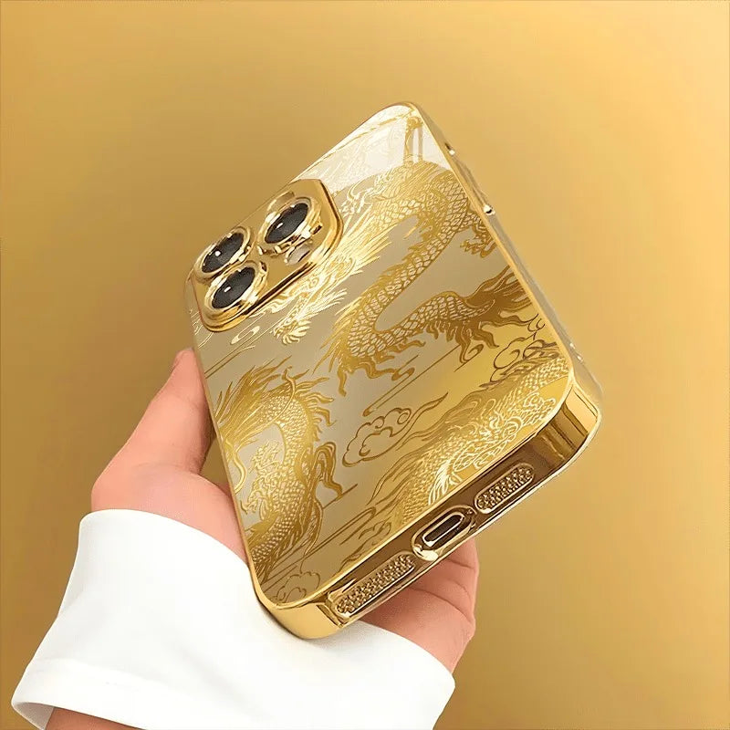 Luxury Golden Dragon Metallic Glass Phone Case for iPhone 17, 16, 15, 14, 13, 12, 11 Pro Max, Plus, 17 Air, 16E Cover