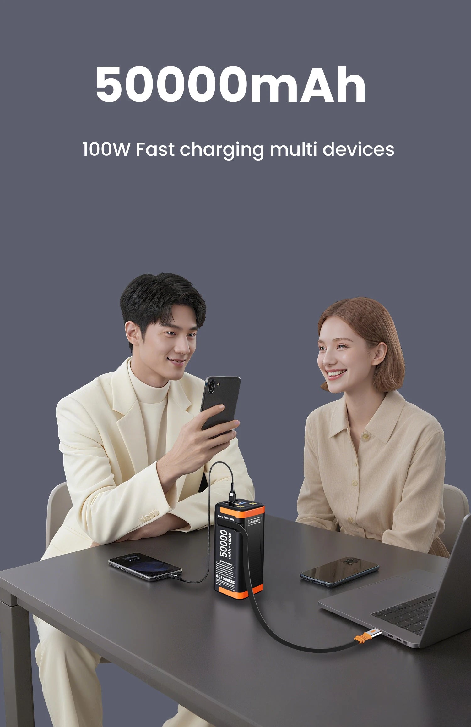 High-Capacity 50000mAh Power Bank – 100W PD PPS Fast Charging with Type-C Built-in Cable for Phones & Laptops