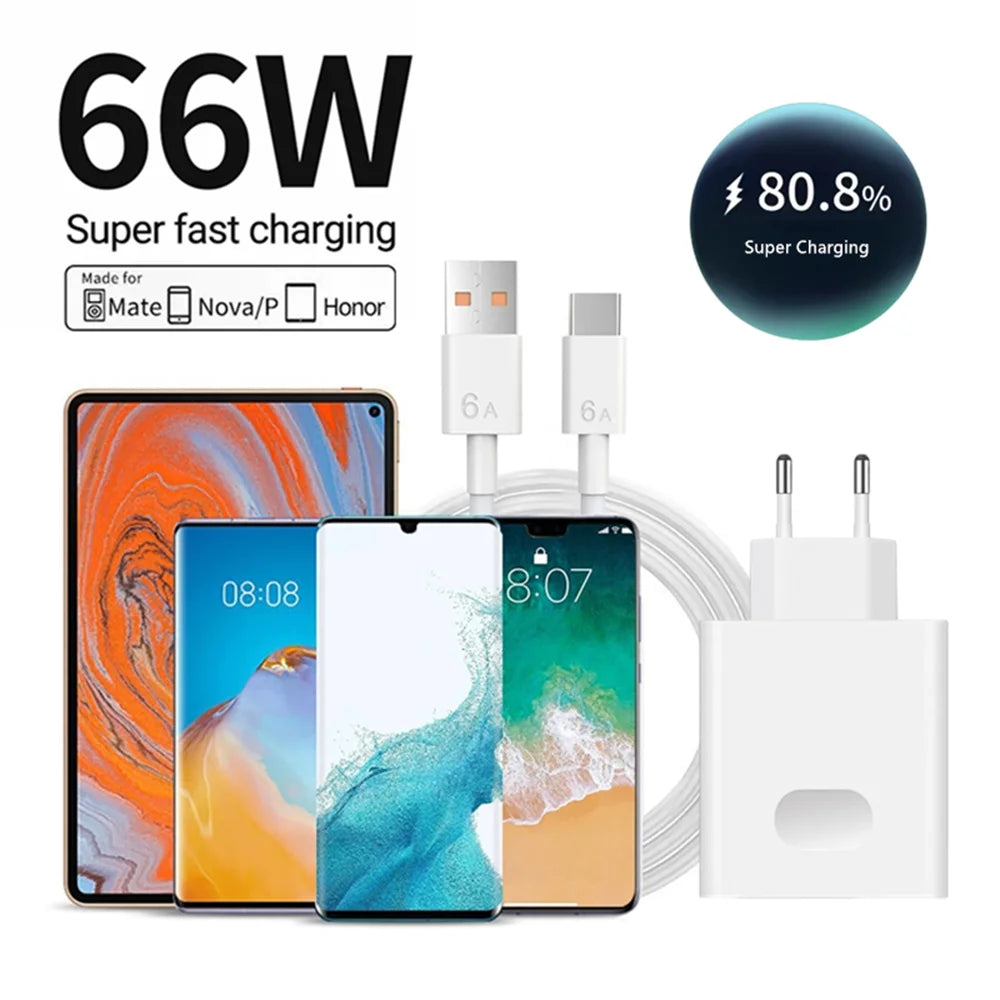66W USB Fast Charger Quick Charge 3.0 EU Plug Adapter with 6A Type-C Cable for Huawei Mate 50 60, Nova 10, Honor 100, Magic 5