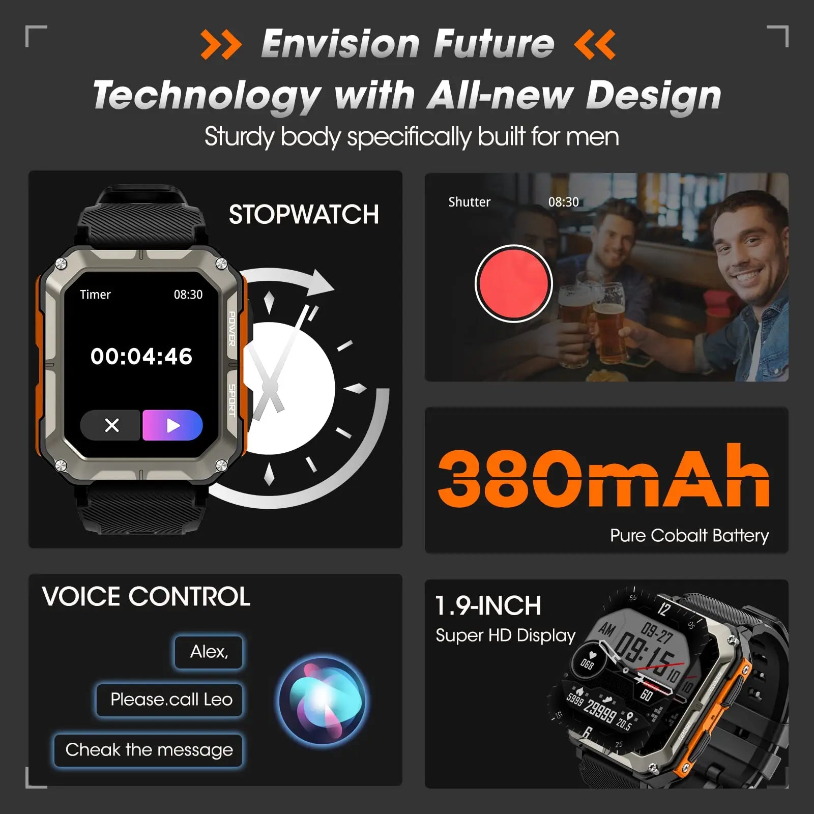 Men’s Smart Watch – Blood Pressure Monitor Tactical Smartwatch, Waterproof Fitness Tracker for Android & iPhone Outdoor Sports