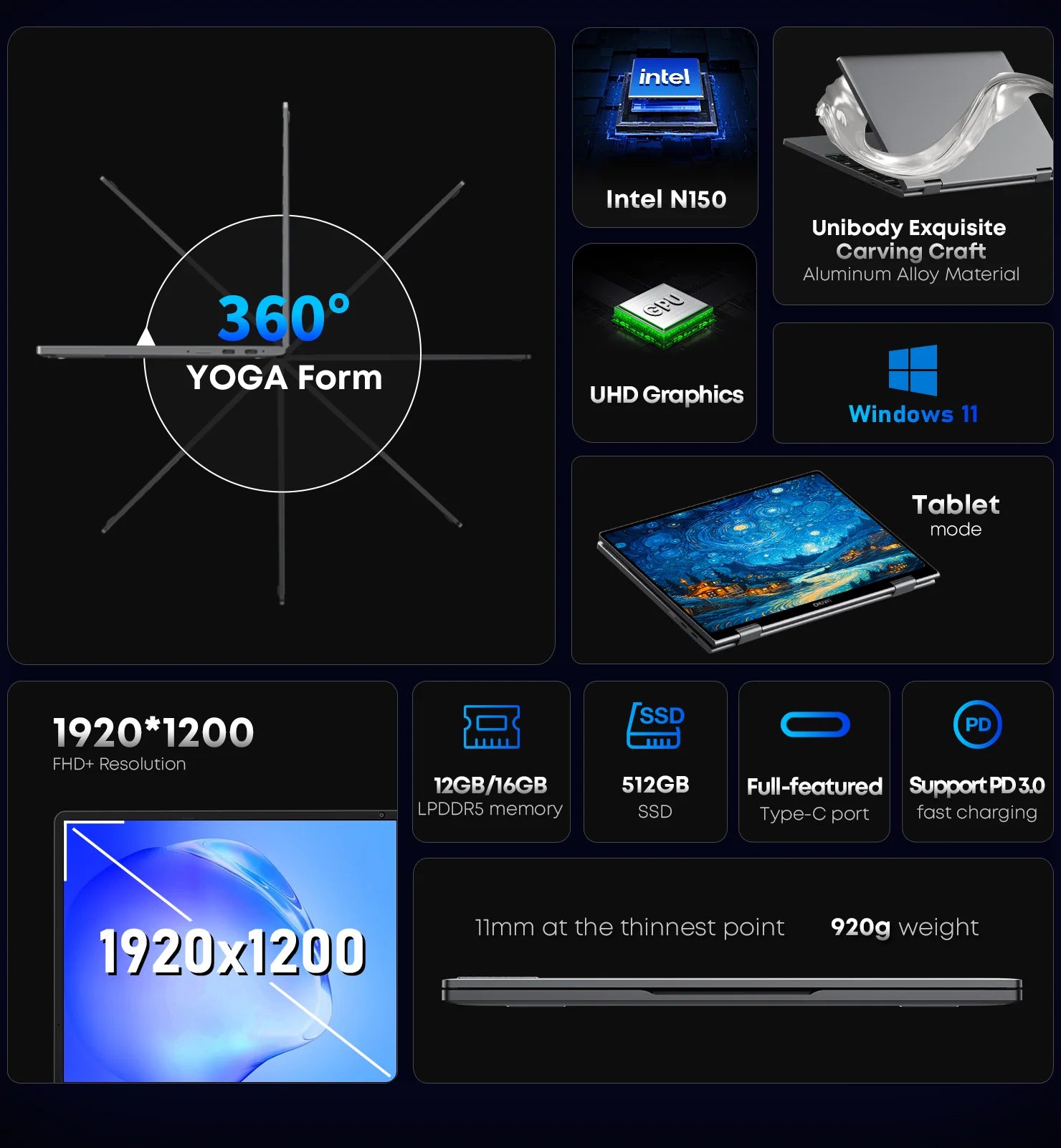CHUWI MiniBook X N150 Laptop 10.51 Inch 16GB RAM 512GB SSD 2-in-1 Yoga Mode Intel  Windows 11 Notebook 360° Flipable WiFi 6