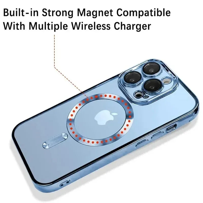 Plated MagSafe Magnetic Case for iPhone 12–17 Pro Max, Plus & Air, Wireless Charging Cover with Camera Lens Protector