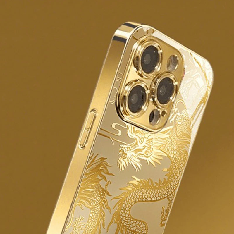 Luxury Golden Dragon Metallic Glass Phone Case for iPhone 17, 16, 15, 14, 13, 12, 11 Pro Max, Plus, 17 Air, 16E Cover